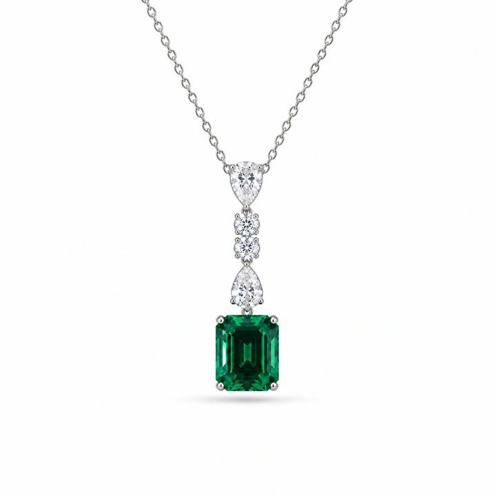 Emerald-Cut Lab Emerald & Diamond Drop Pendant in 14K White Gold