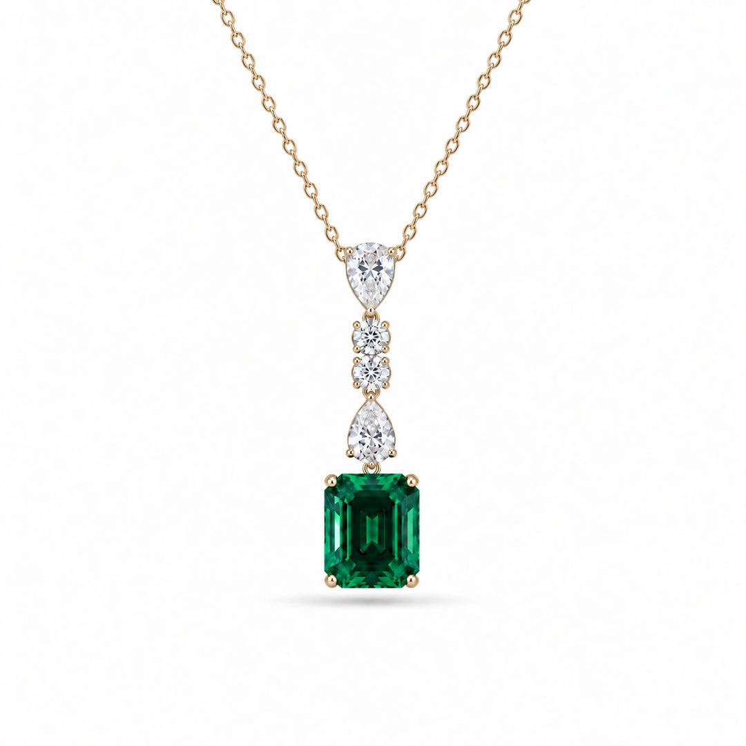 Emerald-Cut Lab Emerald & Diamond Drop Pendant in 14K Yellow Gold, product visualization