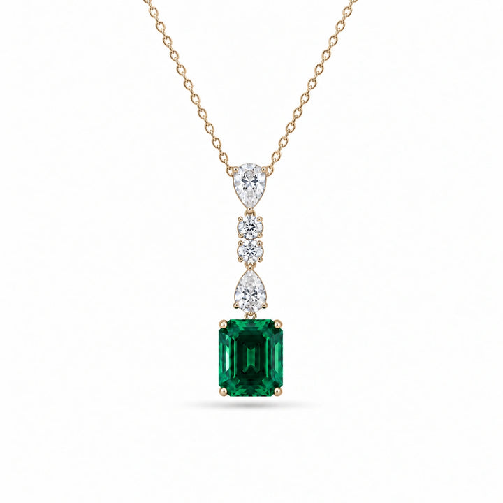 Emerald-Cut Lab Emerald & Diamond Drop Pendant in 14K Yellow Gold