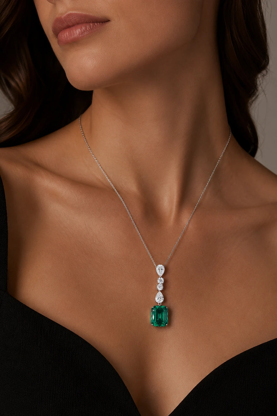 Emerald-Cut Lab Emerald & Diamond Drop Pendant — 4.50ct