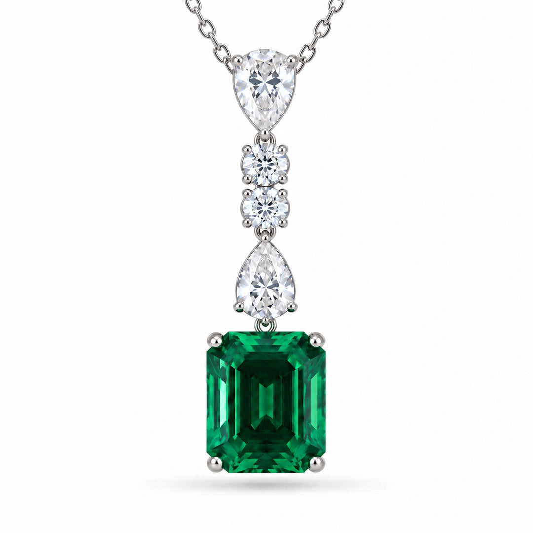 Emerald-Cut Lab Emerald & Diamond Drop Pendant close-up detail