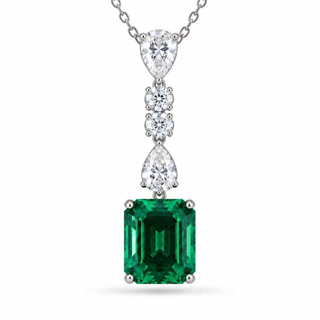Emerald-Cut Lab Emerald & Diamond Drop Pendant close-up detail