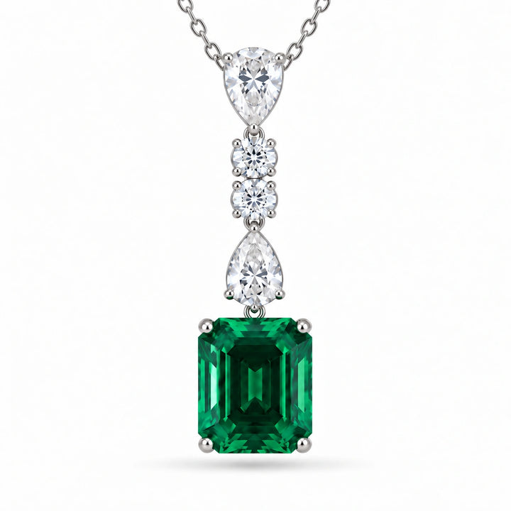 Emerald-Cut Lab Emerald & Diamond Drop Pendant close-up detail
