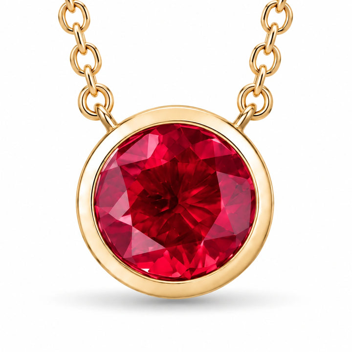 Bezel-Set Round Lab Ruby Pendant close-up detail, product visualization