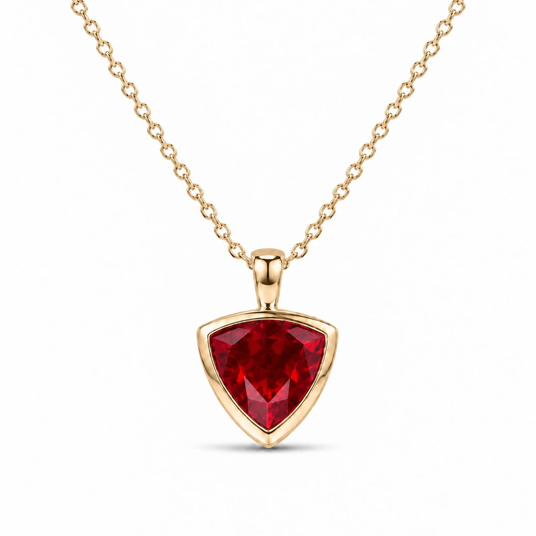 Bezel-Set Trillion Lab Ruby Pendant in 14K Yellow Gold, product visualization