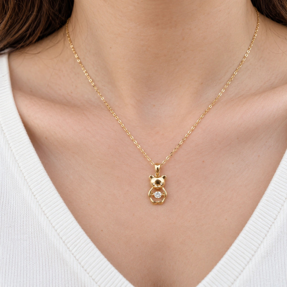 Bear Pendant with Dancing Lab Diamond worn on model