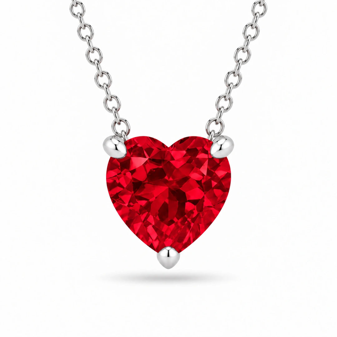 Three-Prong Heart Lab Ruby Pendant in 14K White Gold, product visualization