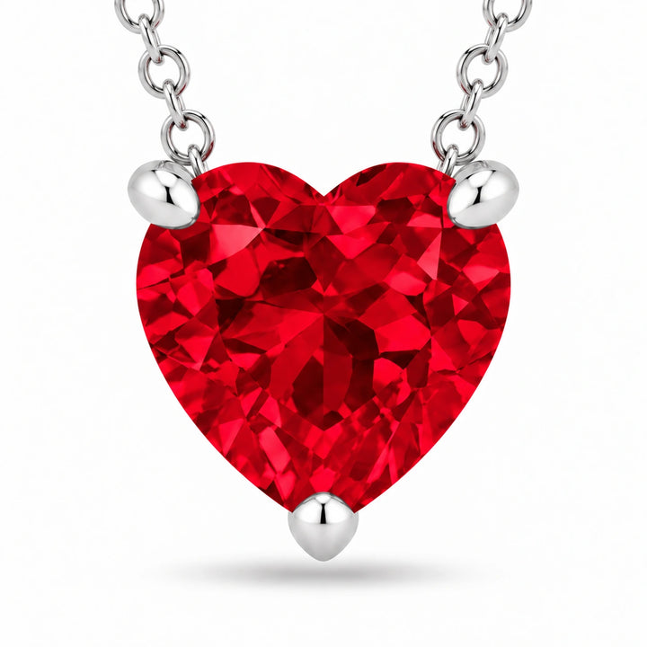 Three-Prong Heart Lab Ruby Pendant close-up detail, product visualization
