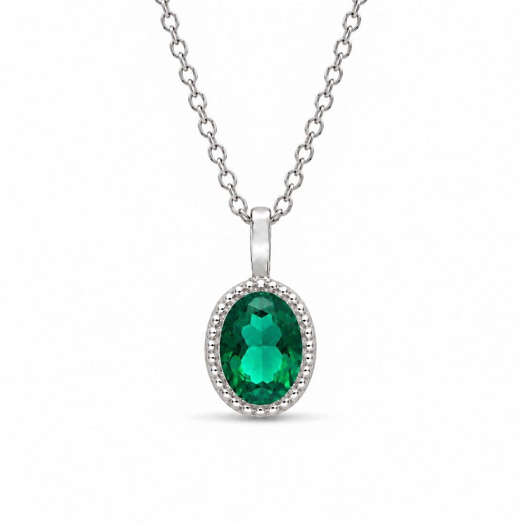 Oval Bezel Lab Emerald Pendant (Zambian Green) in Platinum 950, product visualization