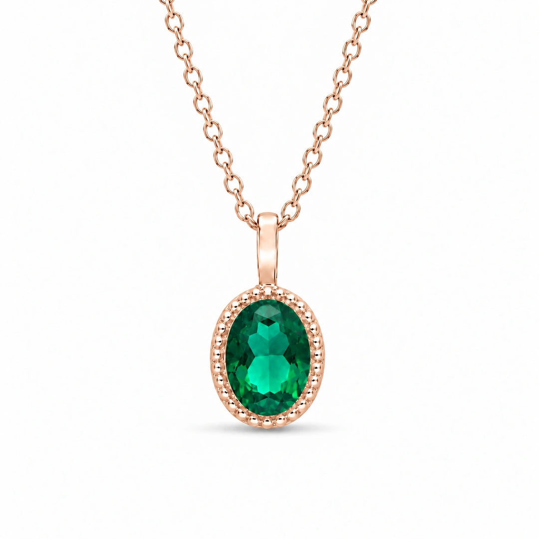 Oval Bezel Lab Emerald Pendant (Zambian Green) in 14K Rose Gold, product visualization