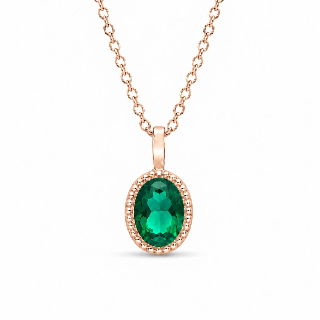 Oval Bezel Lab Emerald Pendant (Zambian Green) in 14K Rose Gold