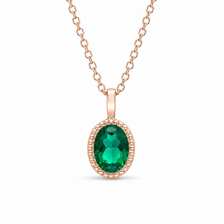 Oval Bezel Lab Emerald Pendant (Zambian Green) in 14K Rose Gold, product visualization