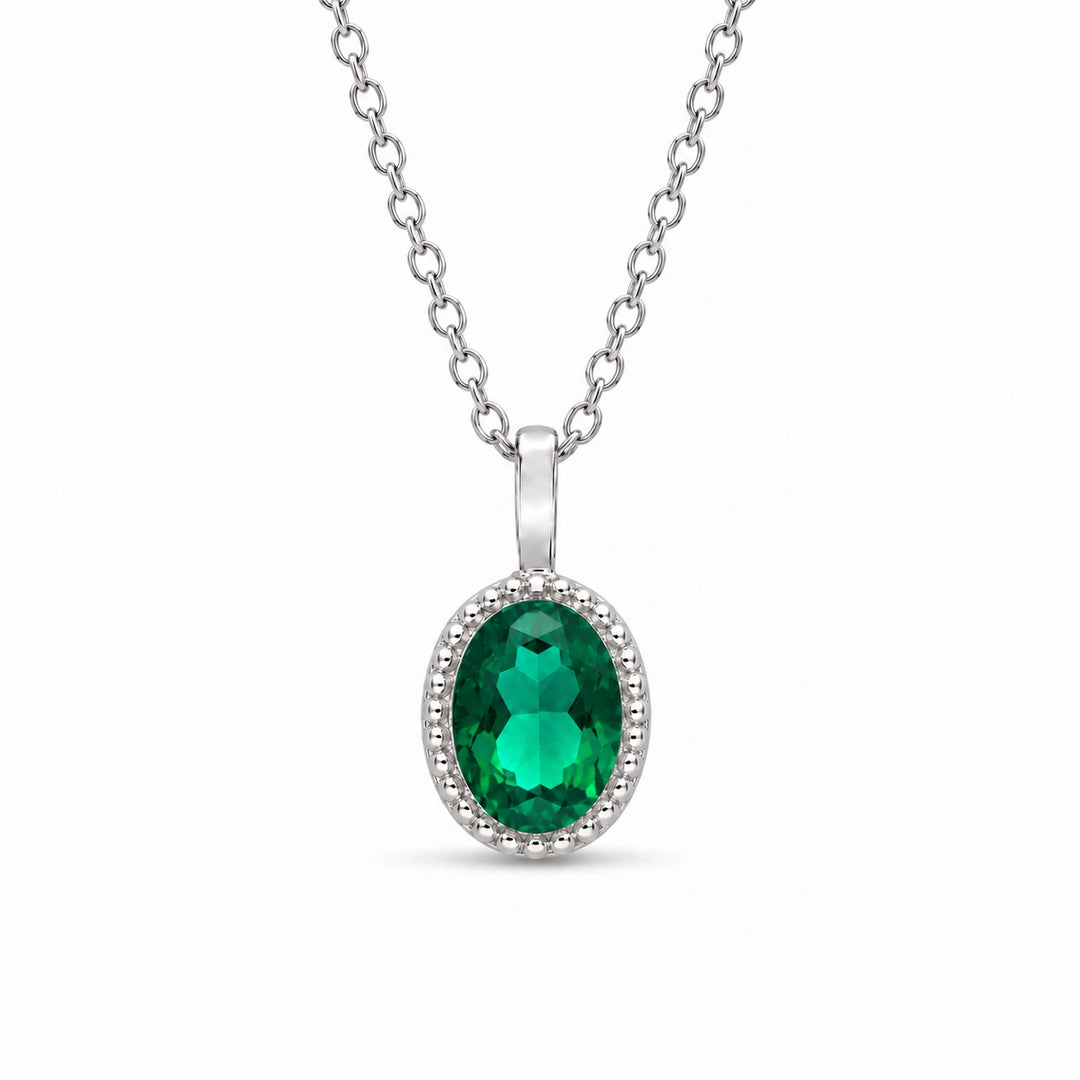 Oval Bezel Lab Emerald Pendant (Zambian Green) in 14K White Gold, product visualization