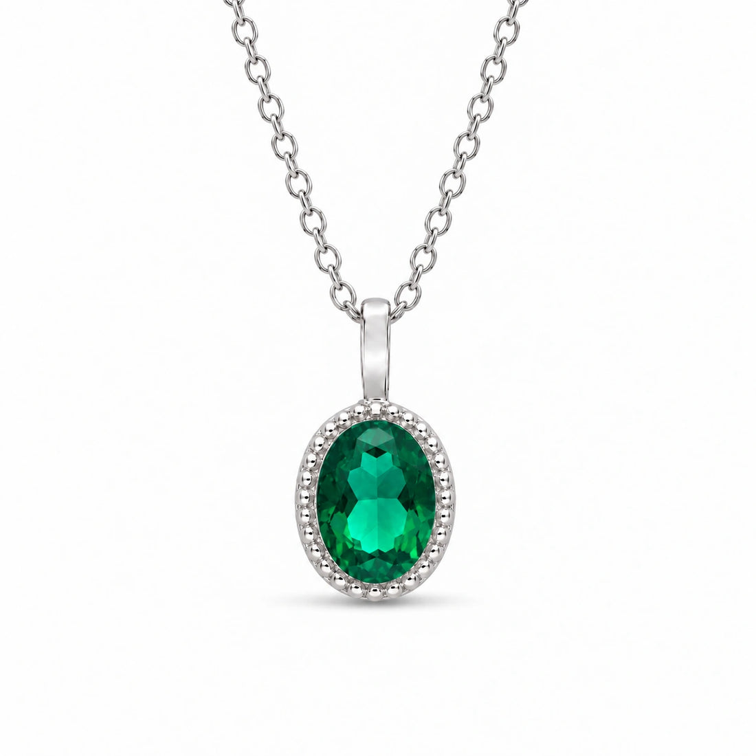 Oval Bezel Lab Emerald Pendant (Zambian Green) in 14K White Gold