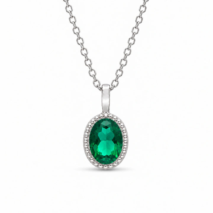 Oval Bezel Lab Emerald Pendant (Zambian Green) in 14K White Gold, product visualization