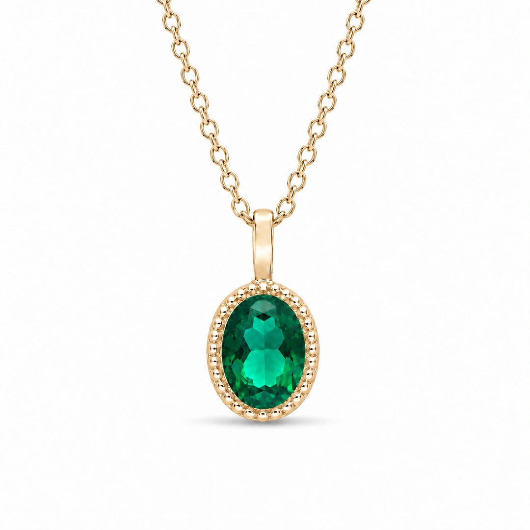 Oval Bezel Lab Emerald Pendant (Zambian Green) in 14K Yellow Gold, product visualization