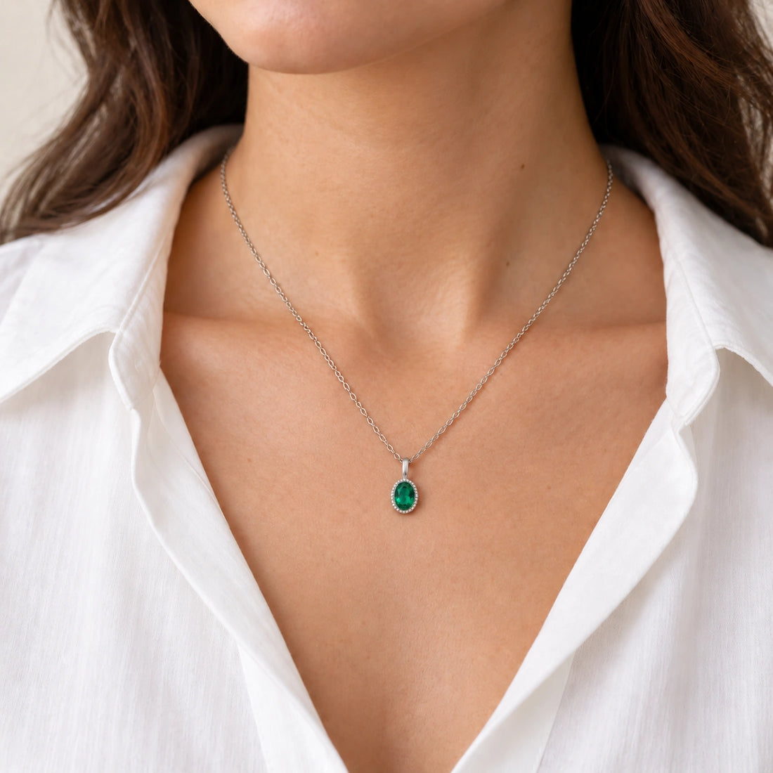 Oval Bezel Lab Emerald Pendant (Zambian Green) worn on model
