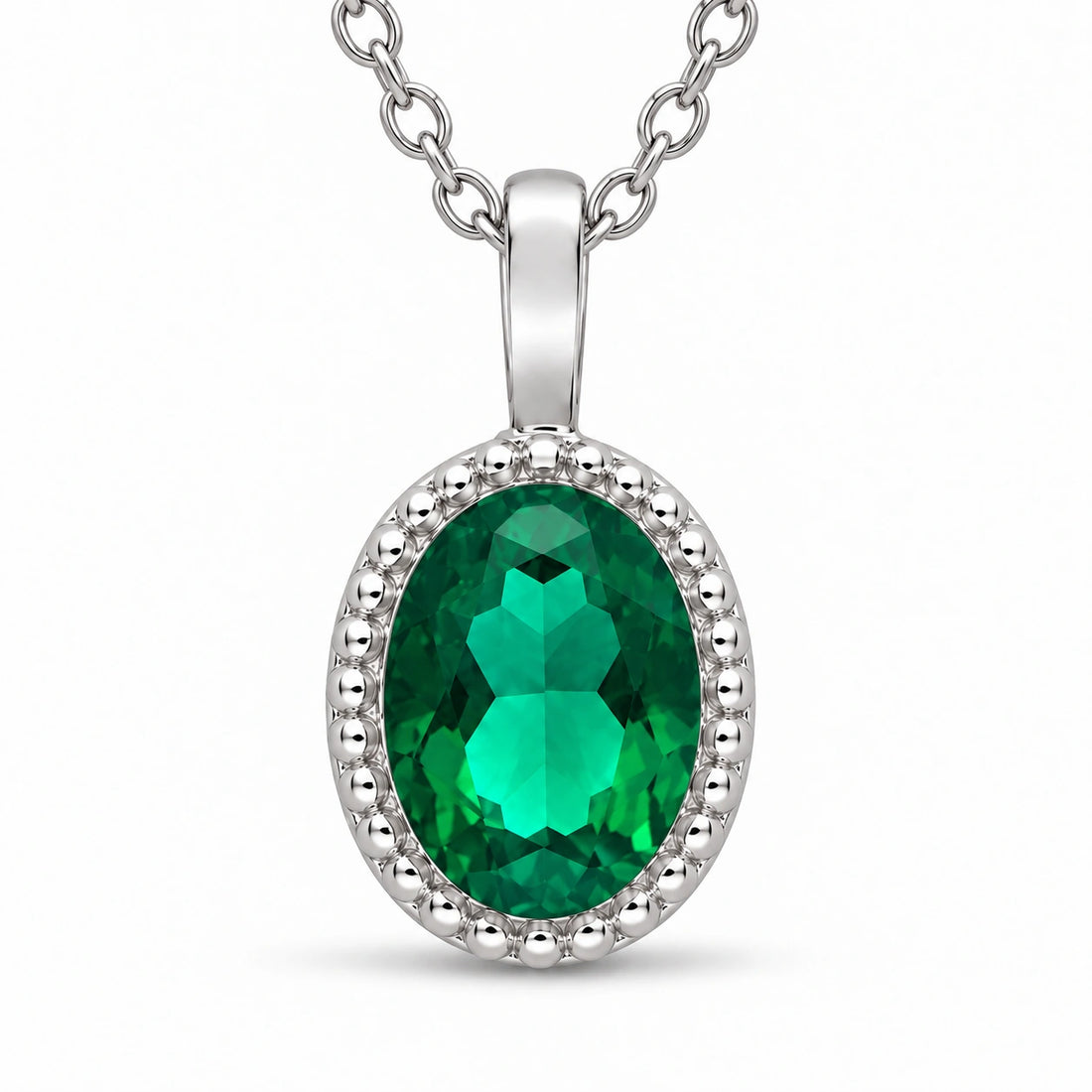Oval Bezel Lab Emerald Pendant (Zambian Green) close-up detail