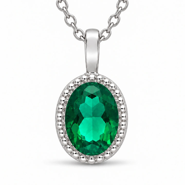 Oval Bezel Lab Emerald Pendant (Zambian Green) close-up detail, product visualization