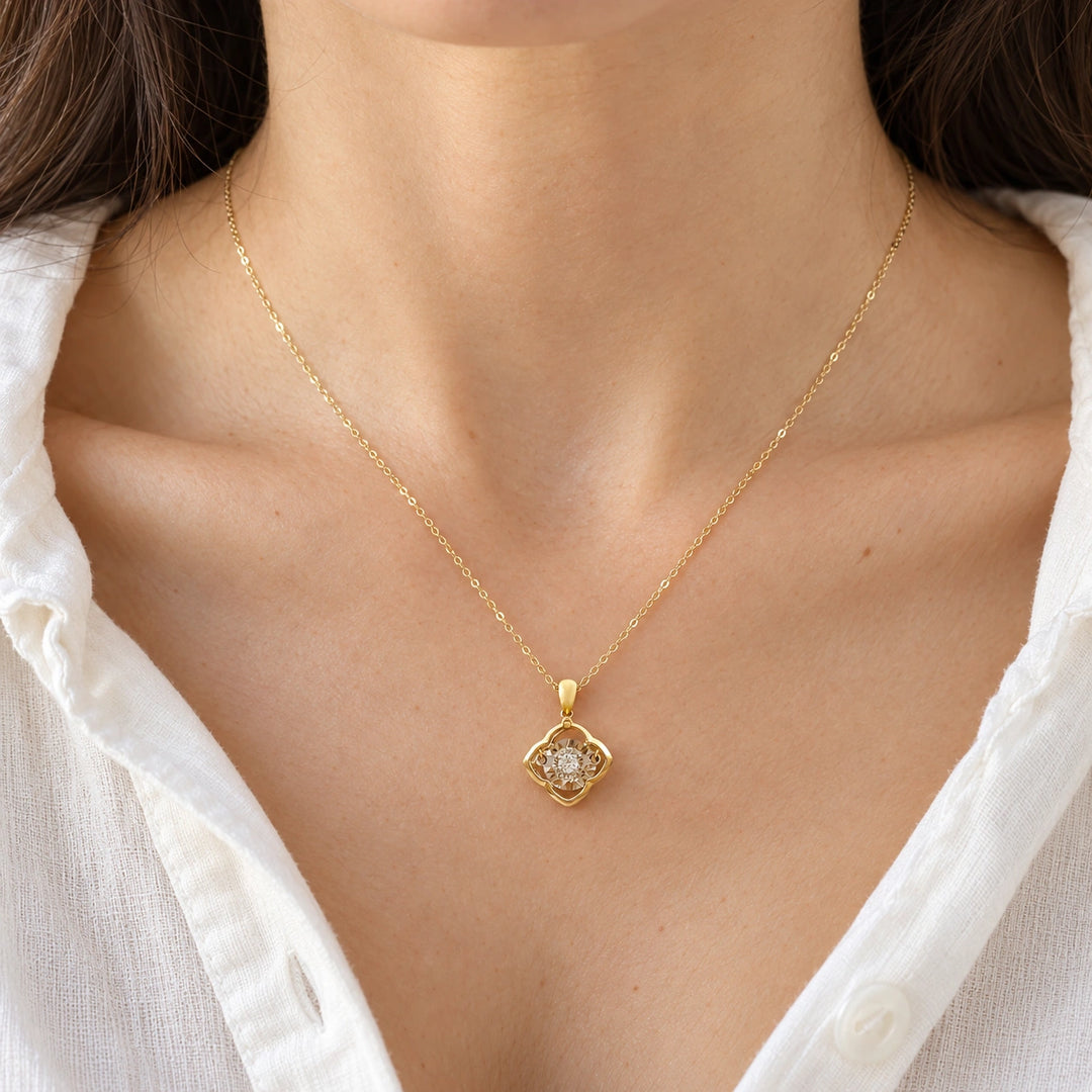 Four-Leaf Clover Pendant with Dancing Lab Diamond worn on model