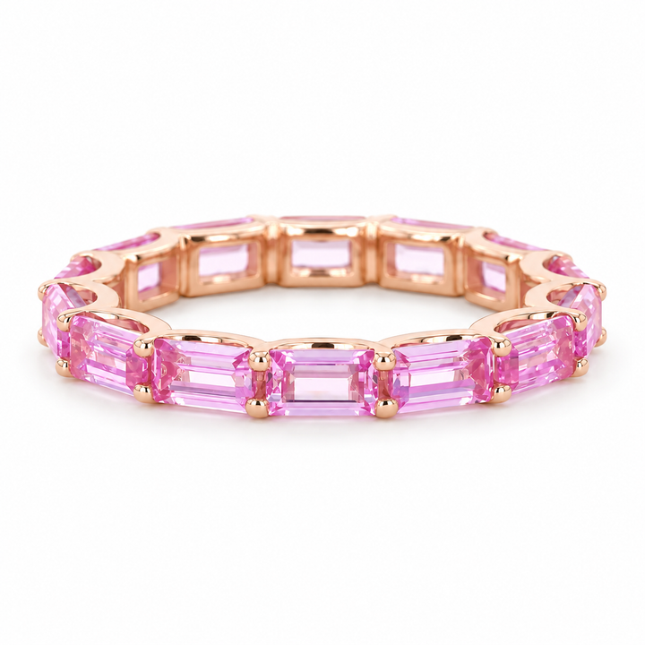 Emerald-Cut Lab-Grown Pink Sapphire East-to-West Eternity Band in 14K Rose Gold