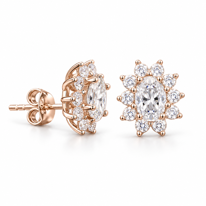 Oval Floral Halo Lab Diamond Stud Earrings in 14K Rose Gold