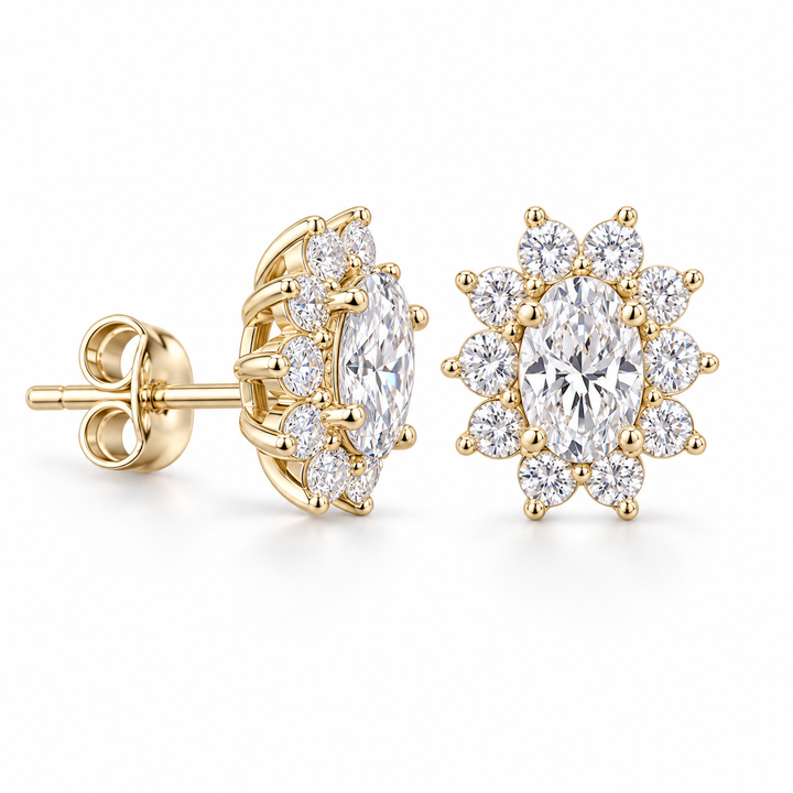 Oval Floral Halo Lab Diamond Stud Earrings in 14K Yellow Gold