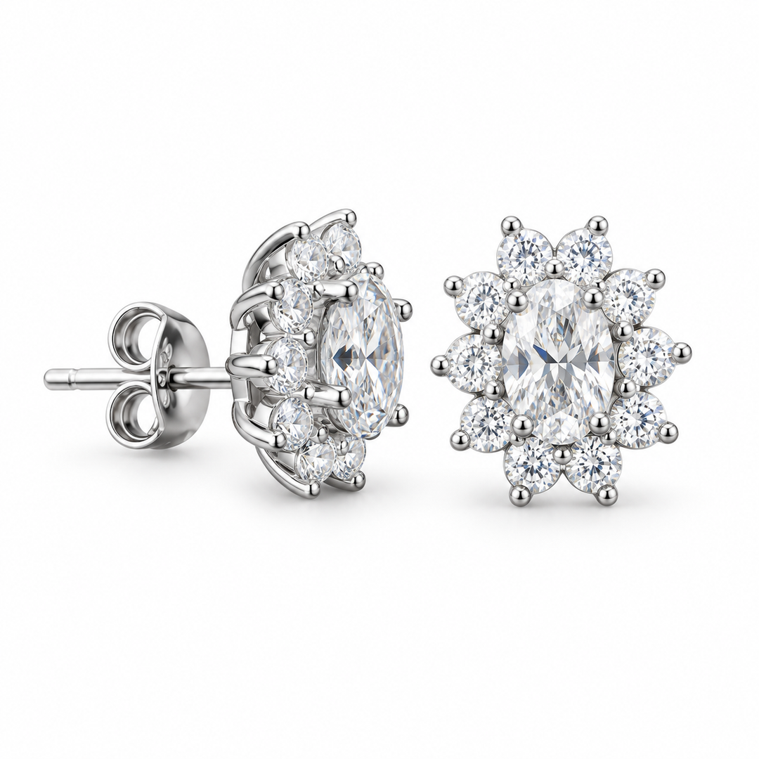 Oval Floral Halo Lab Diamond Stud Earrings in 14K White Gold