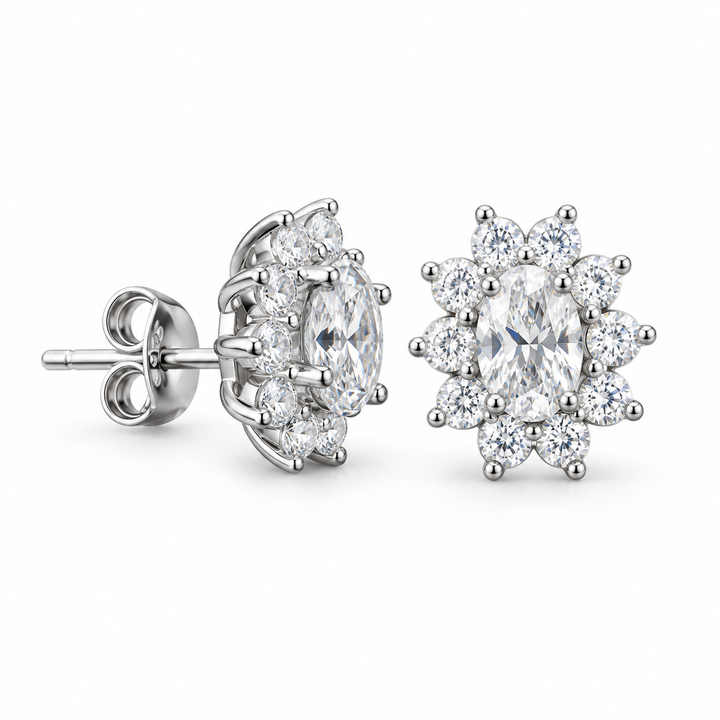 Oval Floral Halo Lab Diamond Stud Earrings in 14K White Gold