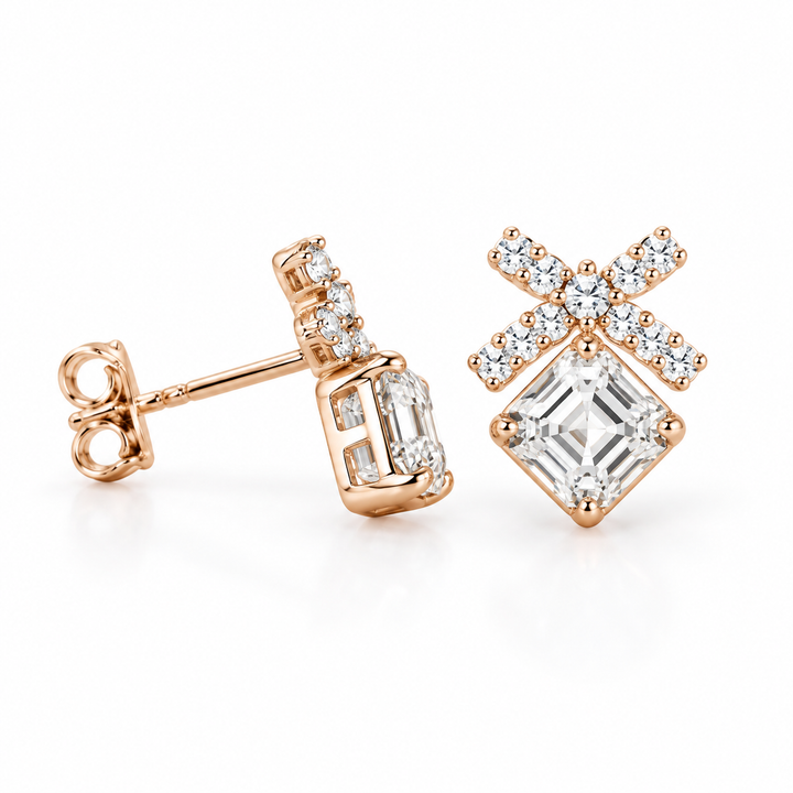 Asscher Bow Lab Diamond Stud Earrings in 14K Rose Gold