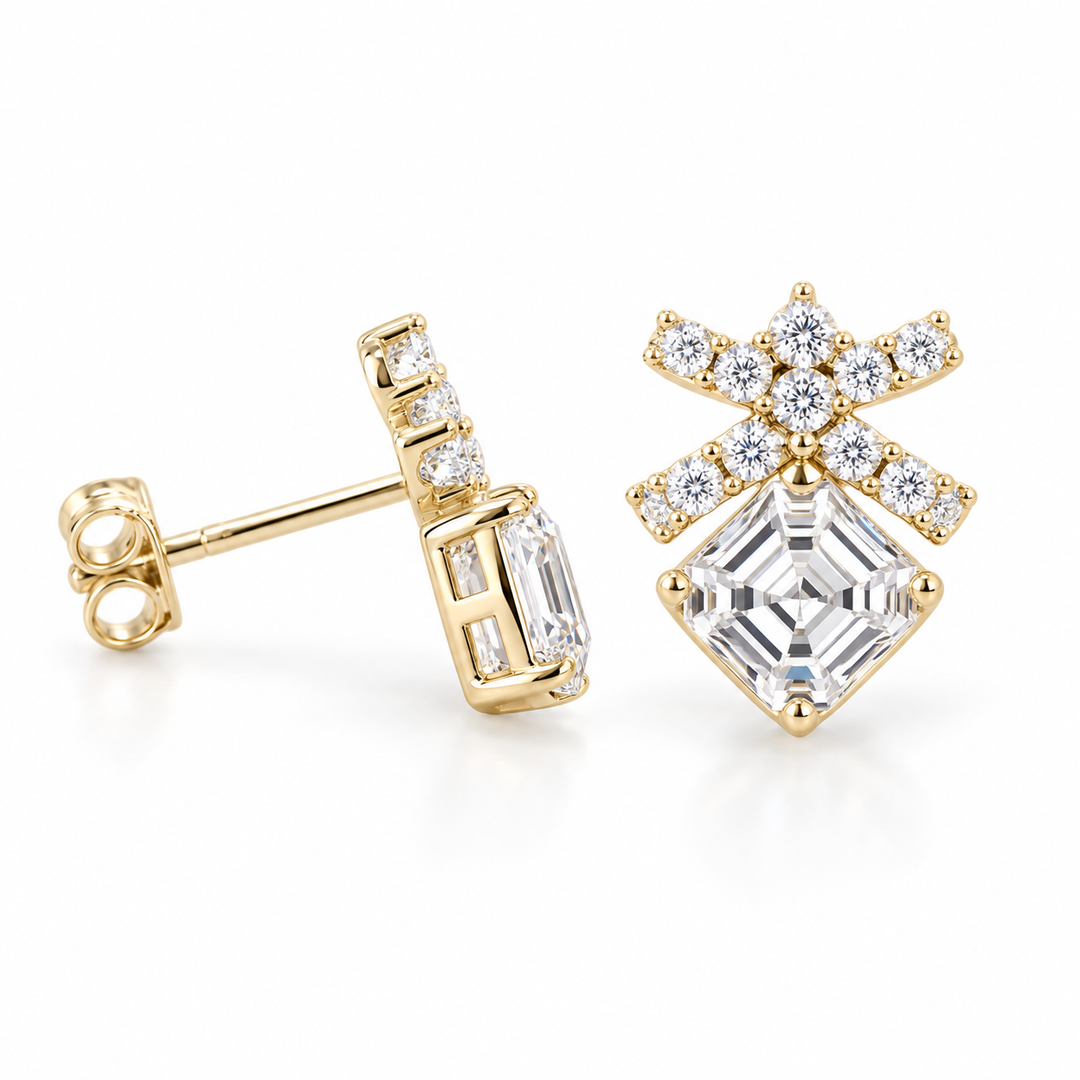 Asscher Bow Lab Diamond Stud Earrings in 14K Yellow Gold