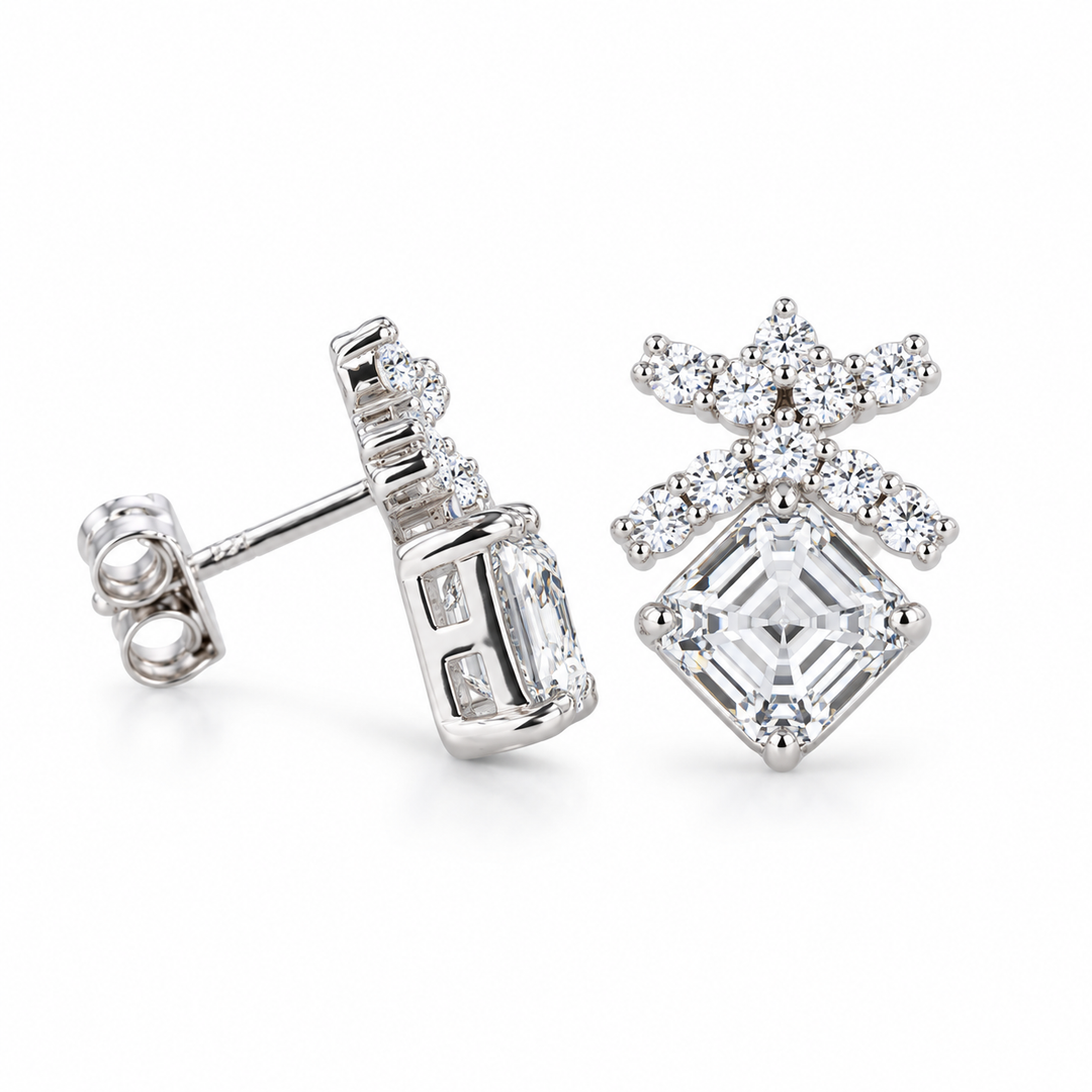 Asscher Bow Lab Diamond Stud Earrings in 14K White Gold