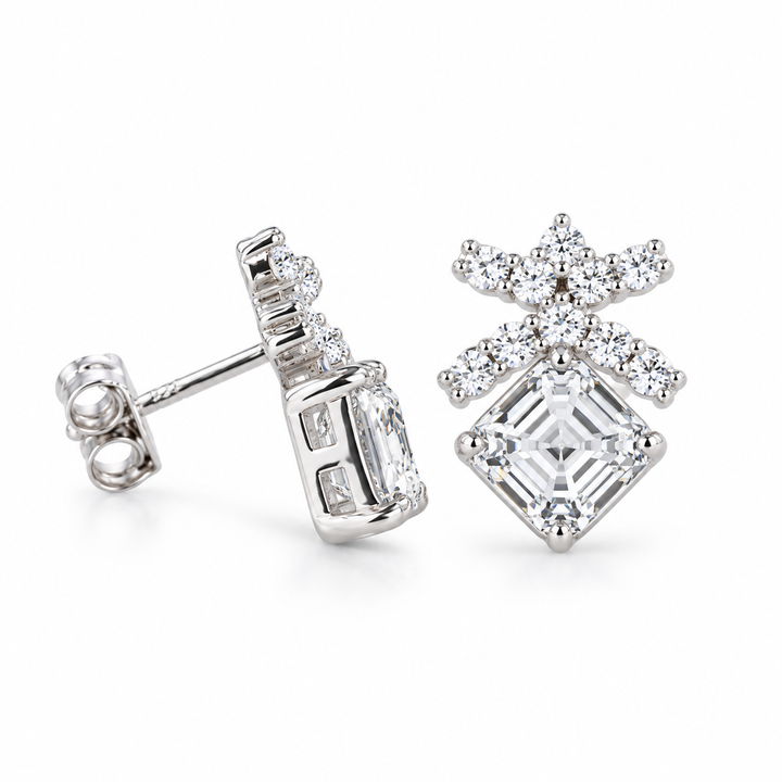 Asscher Bow Lab Diamond Stud Earrings in 14K White Gold