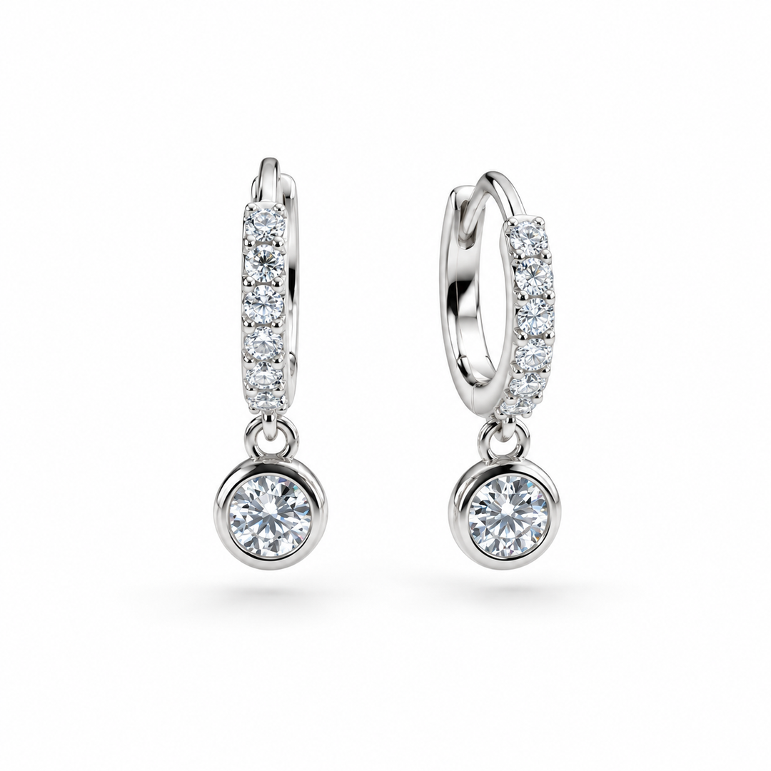 Bezel Drop Lab Diamond Huggie Earrings in 14K White Gold