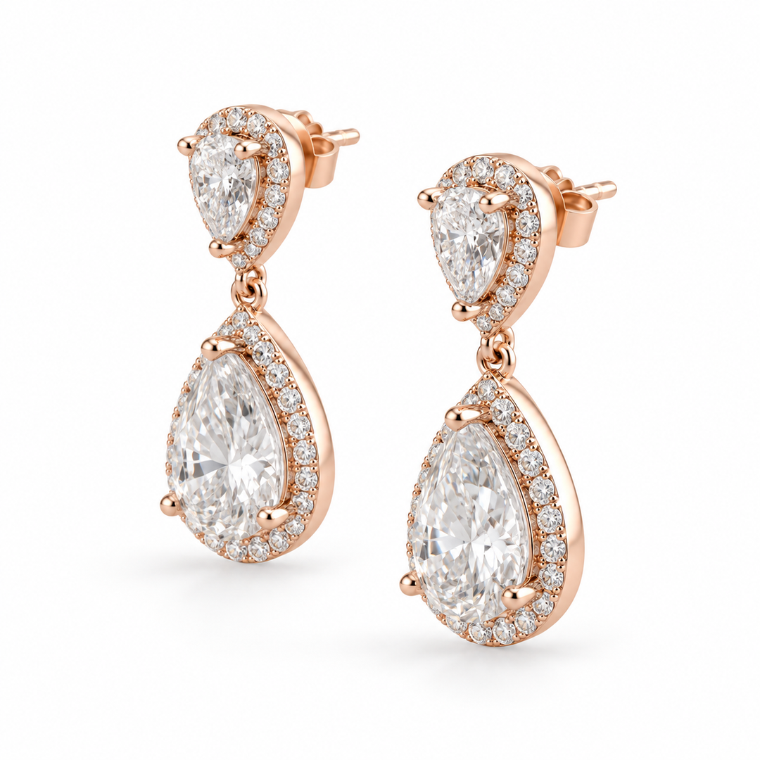 Twin Pear Halo Lab Diamond Drop Earrings in 14K Rose Gold