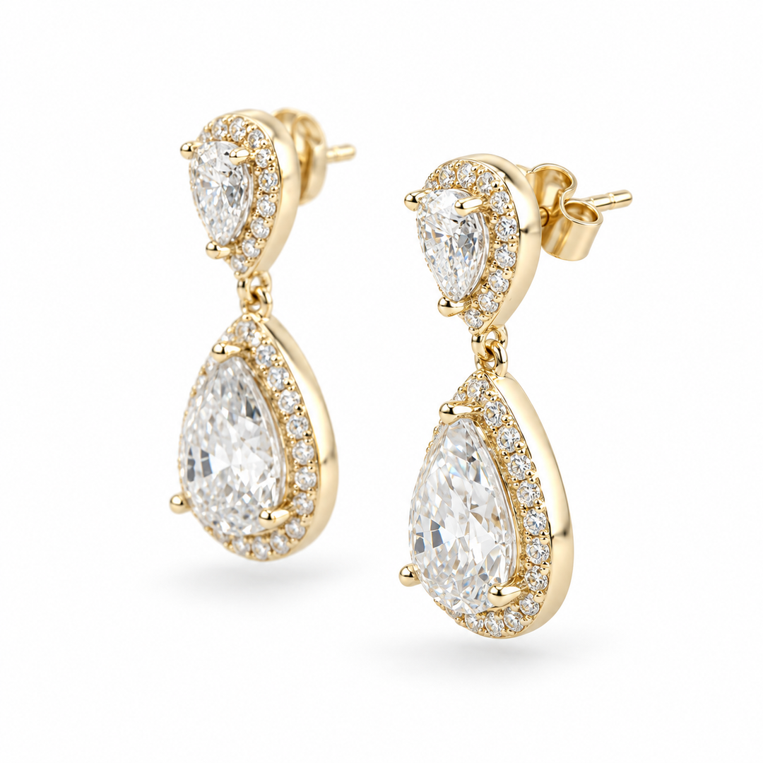 Twin Pear Halo Lab Diamond Drop Earrings in 14K Yellow Gold