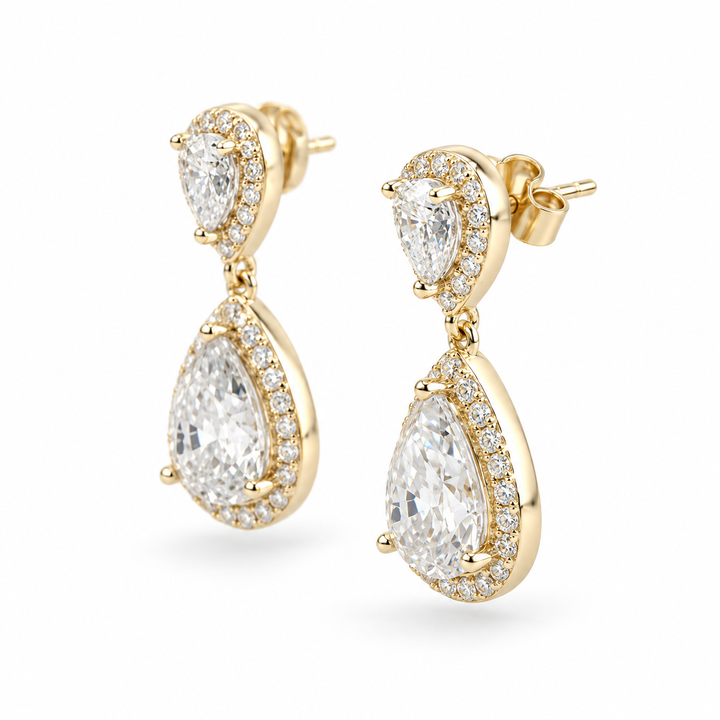Twin Pear Halo Lab Diamond Drop Earrings in 14K Yellow Gold