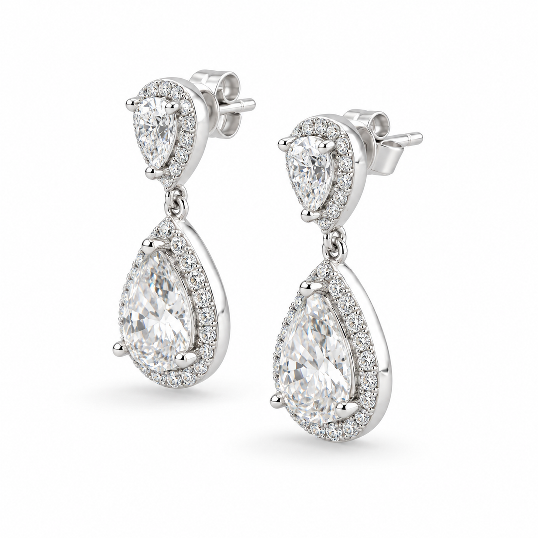 Twin Pear Halo Lab Diamond Drop Earrings in 14K White Gold
