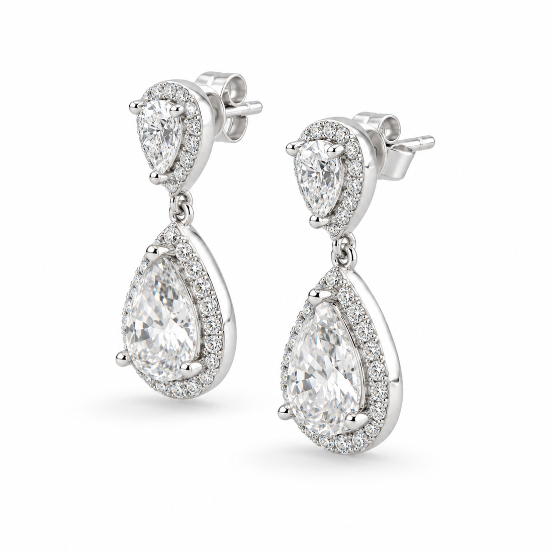 Twin Pear Halo Lab Diamond Drop Earrings in 14K White Gold