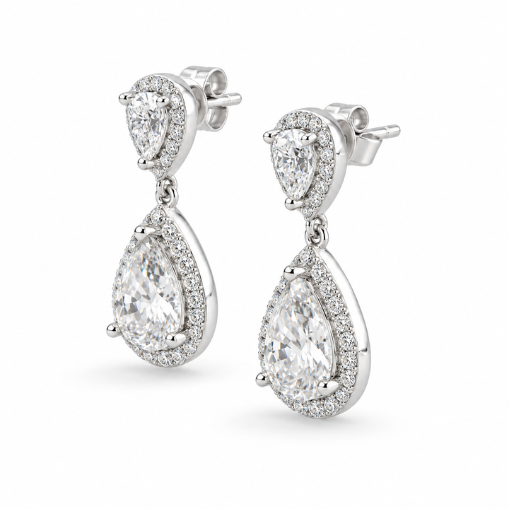 Twin Pear Halo Lab Diamond Drop Earrings in 14K White Gold