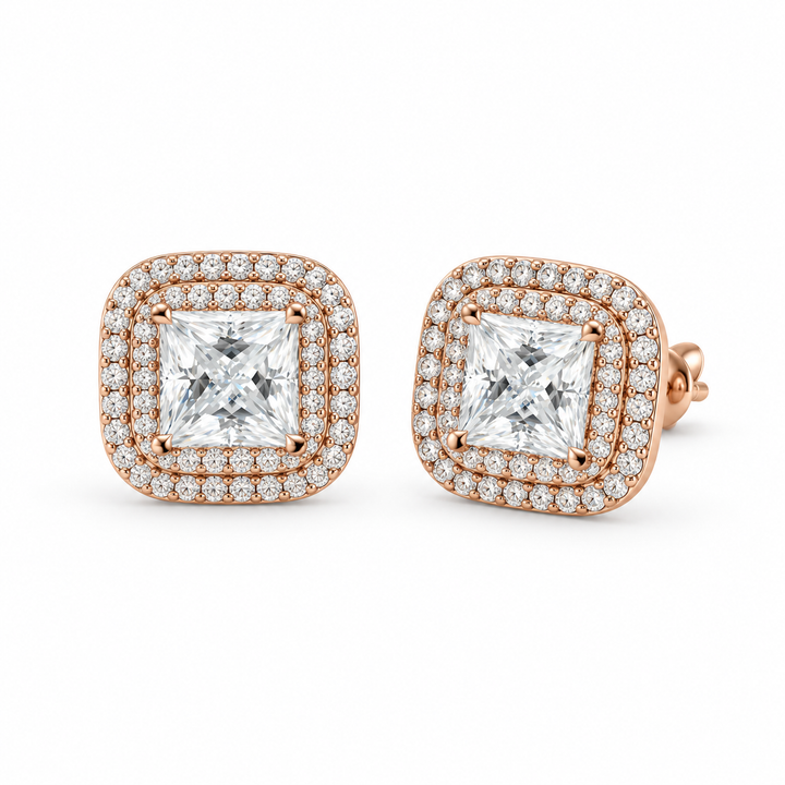 Princess Double Halo Lab Diamond Stud Earrings in 14K Rose Gold