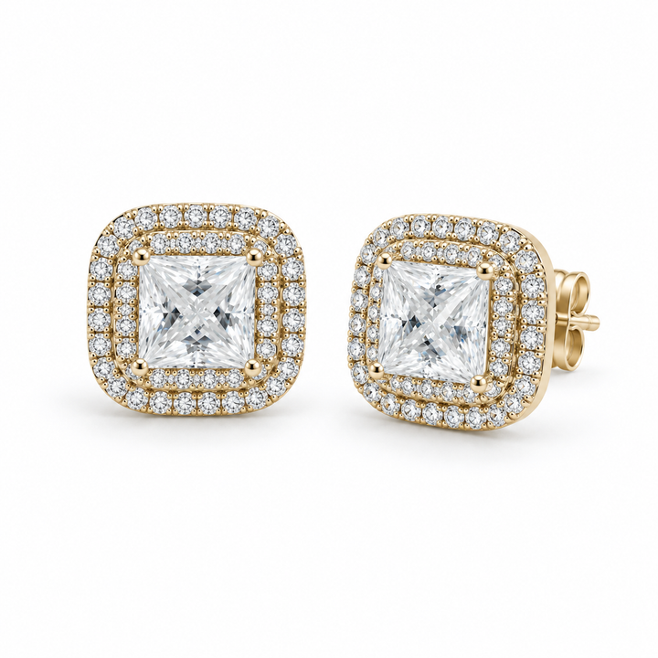 Princess Double Halo Lab Diamond Stud Earrings in 14K Yellow Gold