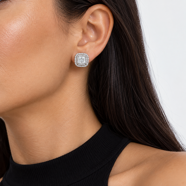 Princess Double Halo Lab Diamond Stud Earrings worn on the ear
