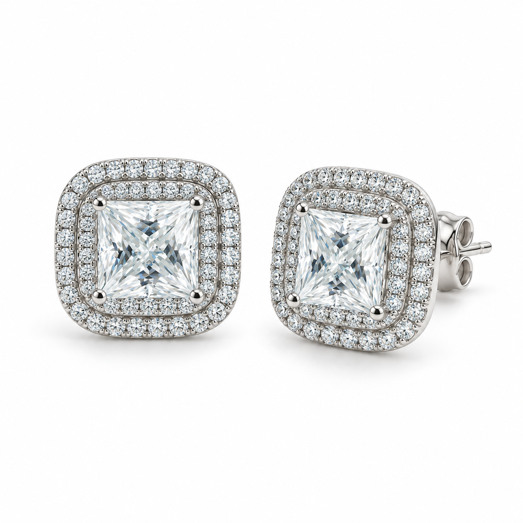 Princess Double Halo Lab Diamond Stud Earrings in 14K White Gold