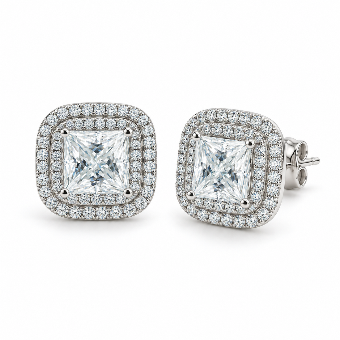 Princess Double Halo Lab Diamond Stud Earrings in 14K White Gold