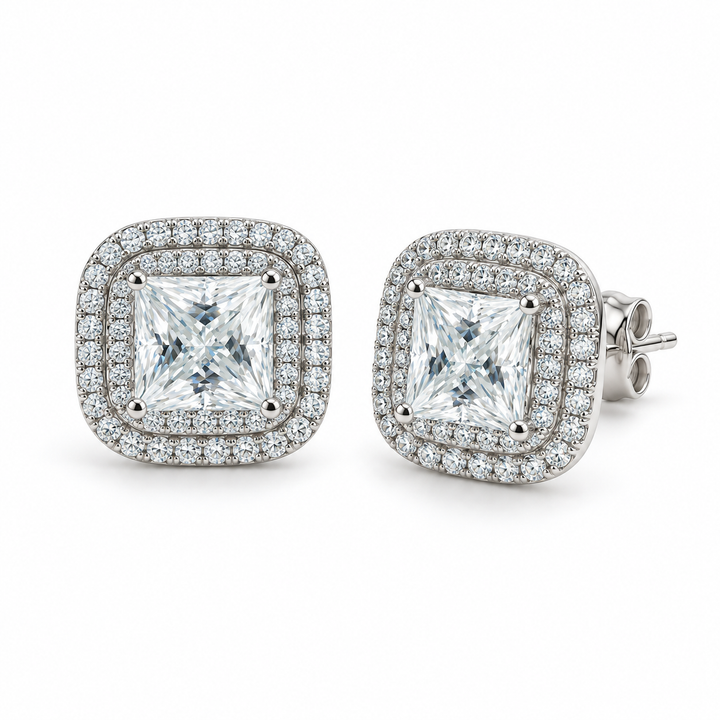 Princess Double Halo Lab Diamond Stud Earrings in 14K White Gold