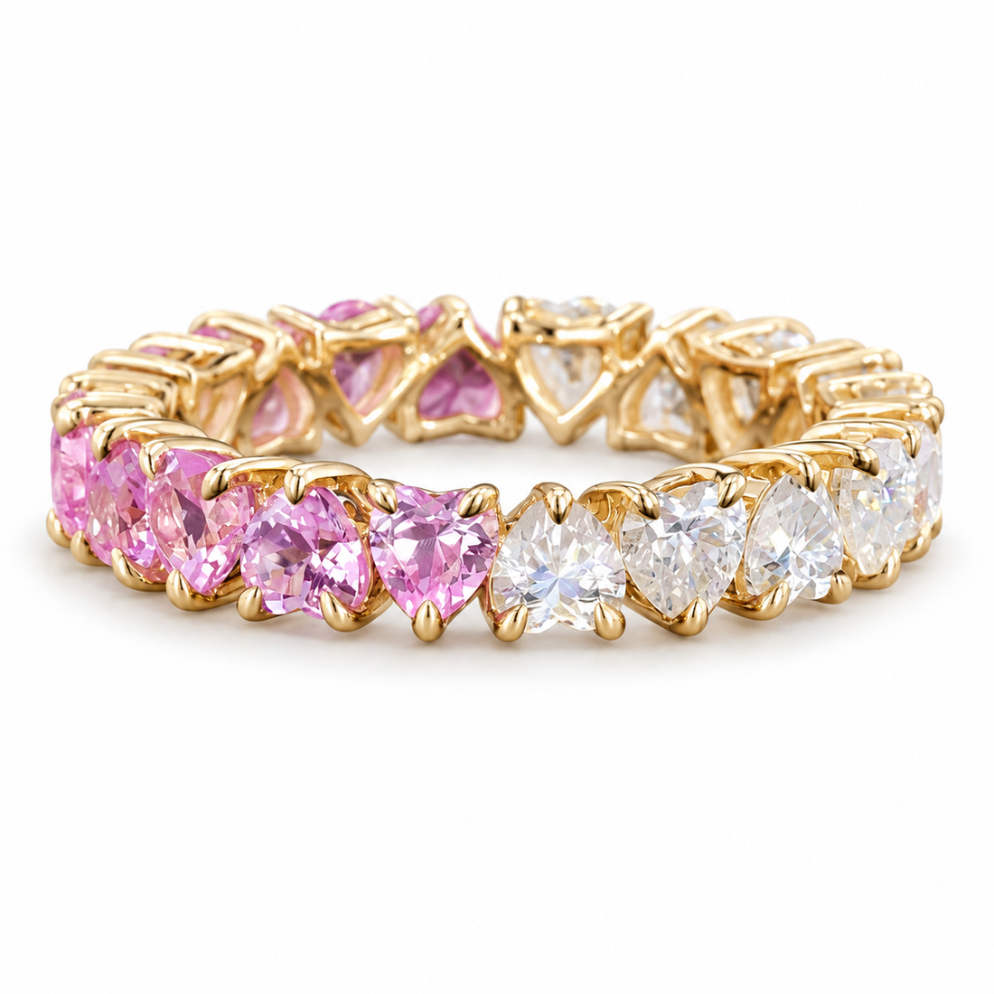Heart Lab-Grown Sakura Pink Sapphire and Diamond Eternity Band in 14K Yellow Gold