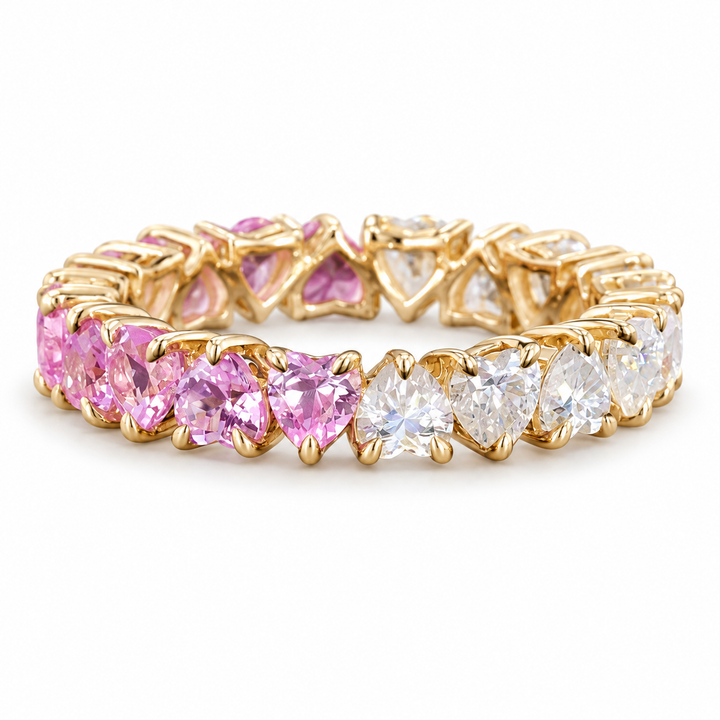 Heart Lab-Grown Sakura Pink Sapphire and Diamond Eternity Band in 14K Yellow Gold