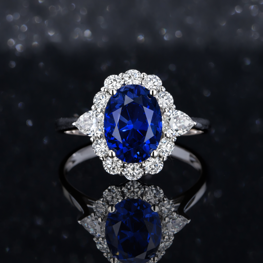 Oval Blue Sapphire Ring with Diamonds Halo, "The Modified Diana"