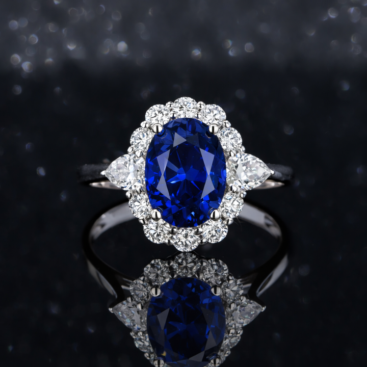 Oval Blue Sapphire Ring with Diamonds Halo, "The Modified Diana"